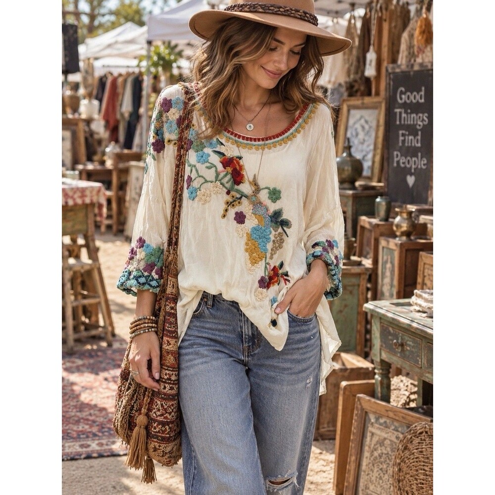 Johnny Was Cream Ivory Floral Embroidered Blouse M Cupra Rayon Boho Fairy Tunic